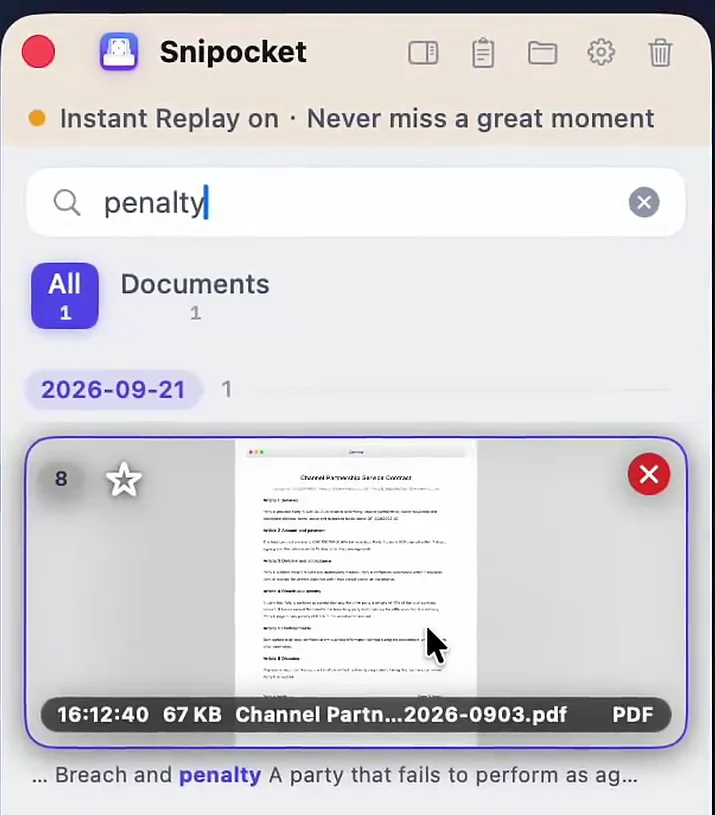 Searching “penalty” finds a PDF contract by a clause in its body text
