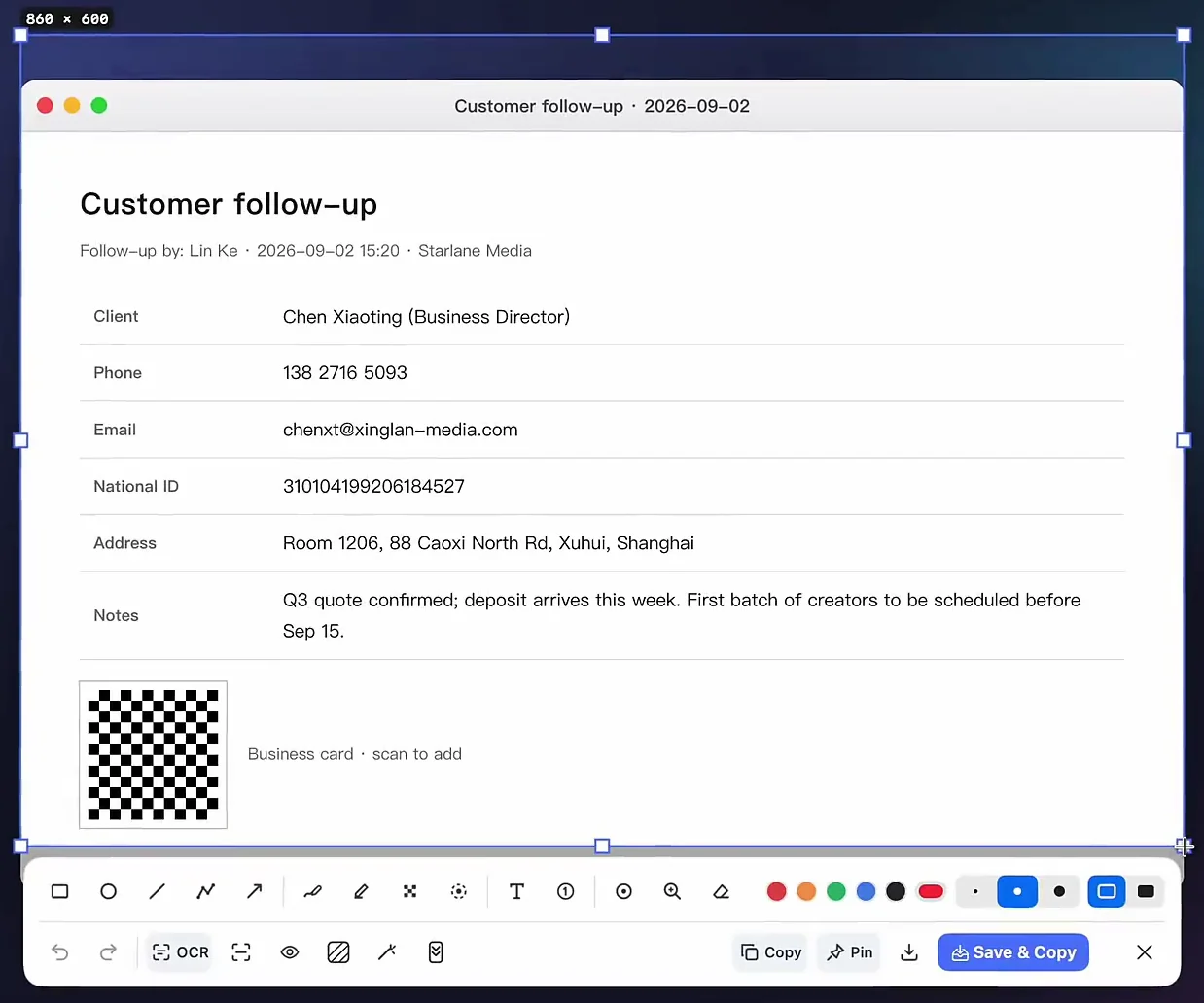 A customer follow-up screenshot with phone, email and ID number in plain text, with the Snipocket capture toolbar below it