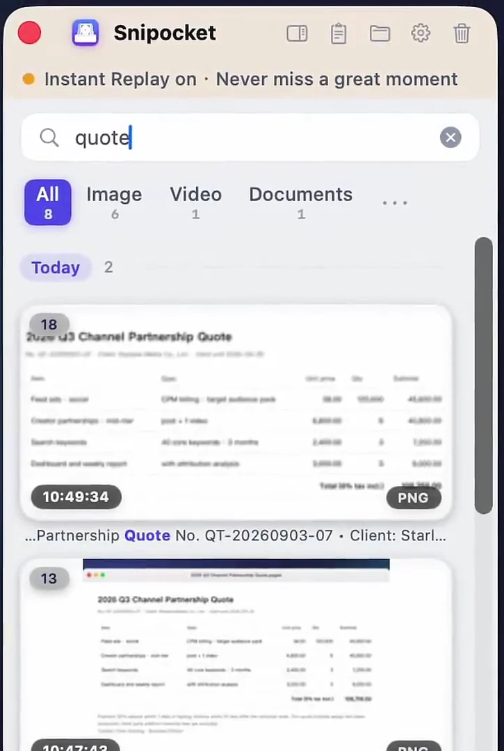 Typing “quote” in the Snipocket Shelf filters to screenshots containing that word, with the match highlighted