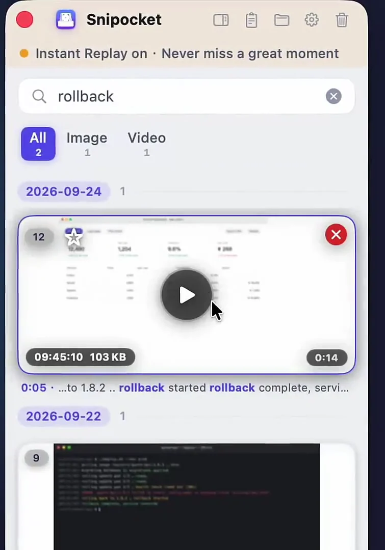 Searching “rollback” finds a screen recording; the result shows the timestamp 0:05 where the word appears on screen